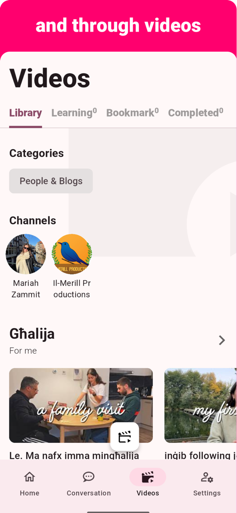 Biblioteca de vídeos de la aplicación de aprendizaje de idiomas malteses que muestra canales de hablantes nativos y categorías educativas.