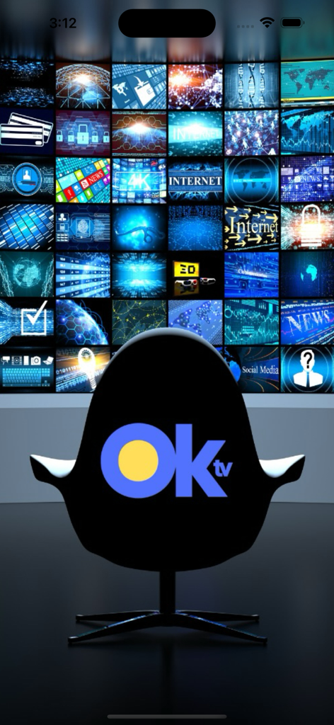 OKtv - OKtv logo on a modern chair facing a wall of digital television screens