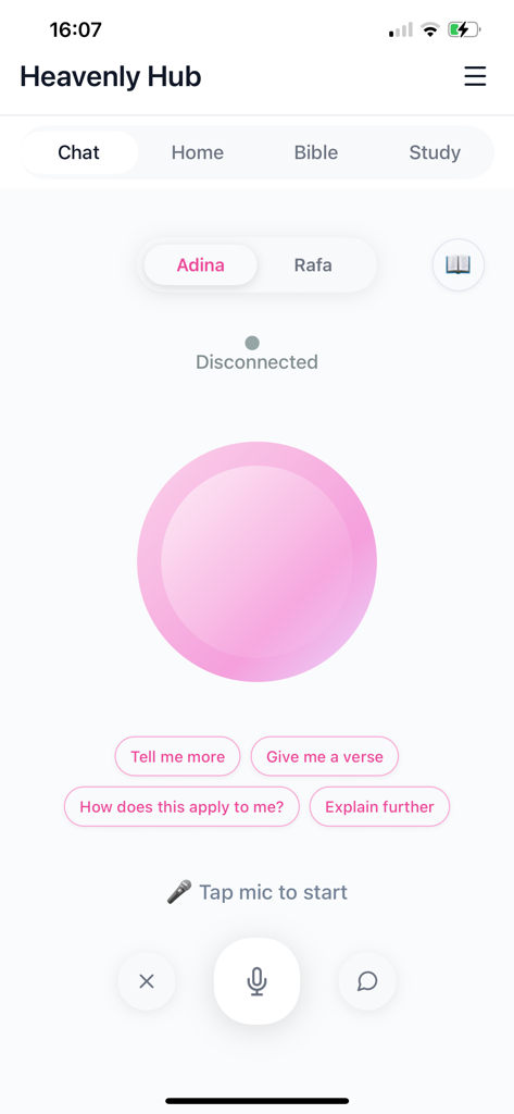 Heavenly Hub: AI Bible Chat - Heavenly Hub app chat interface showing AI companion selection and voice-first interaction screen