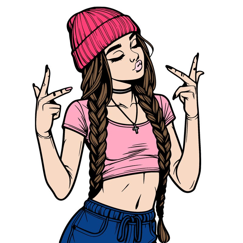 realistic teenage girl with braids and a beanie and crop top doing 🫶🏼