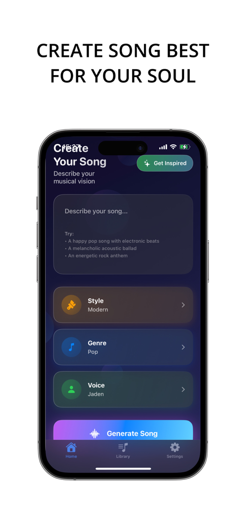 Smartphone-Bildschirm, der die Musikgenerierungs-Oberfläche der Songer AI App mit Genre- und Stimmoptionen anzeigt