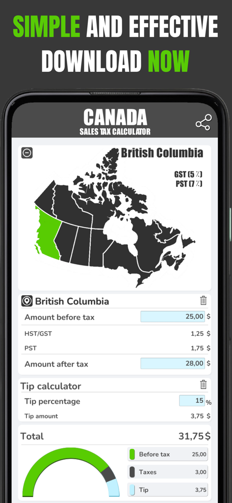 Canadian Sales Tax Calculation - Canada Sales Tax Calculator app interface showing tax and tip calculation for British Columbia