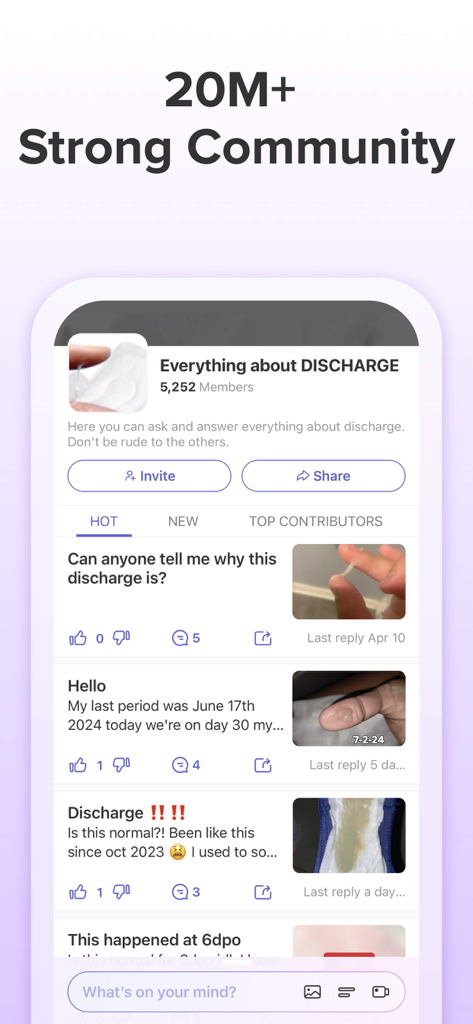 Screenshot of Glow Eve app showing a community forum for women to discuss health and sexual wellness.