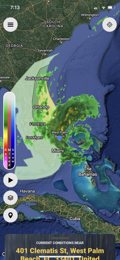 StormWatch plus app displaying a live weather radar map with precipitation patterns over Florida and the Bahamas