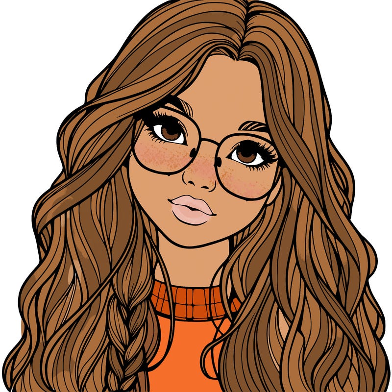 girl with long hair and freckles and glasses realistic