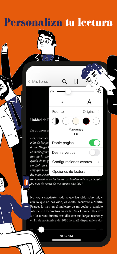 Interfaz de la app eBiblio que muestra opciones para personalizar los ajustes de lectura, como el tamaño de fuente y el color de fondo.