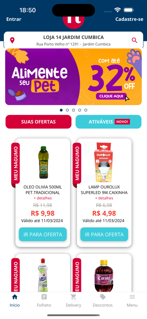 Meu Nagumo - Interface do app móvel Meu Nagumo mostrando ofertas de supermercado e banners de desconto