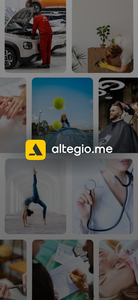 Altegio.me: your appointments - A collage showing various lifestyle services such as car repair, hair styling, yoga, and medical care available for booking on Altegio.me