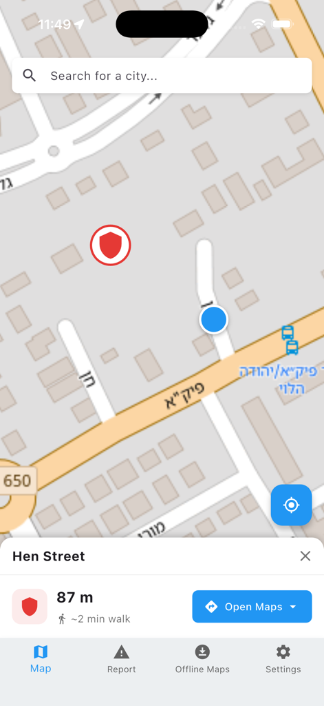 Map view in the Bomb Shelter Locator app showing distance and estimated walking time to the nearest shelter