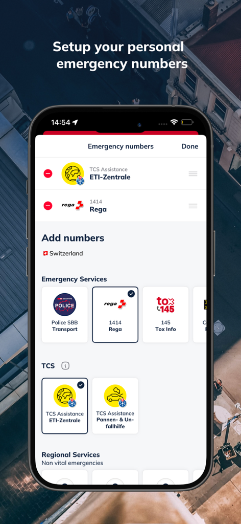 EchoSOS - EchoSOS app interface for setting up personal emergency numbers and local services in Switzerland