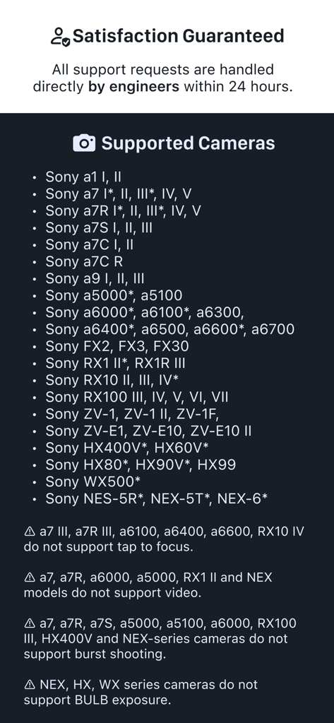 Shutter - Sony Camera Remote - Une liste détaillée des modèles d'appareils photo Sony Alpha et Cyber-shot compatibles avec l'application de télécommande Shutter