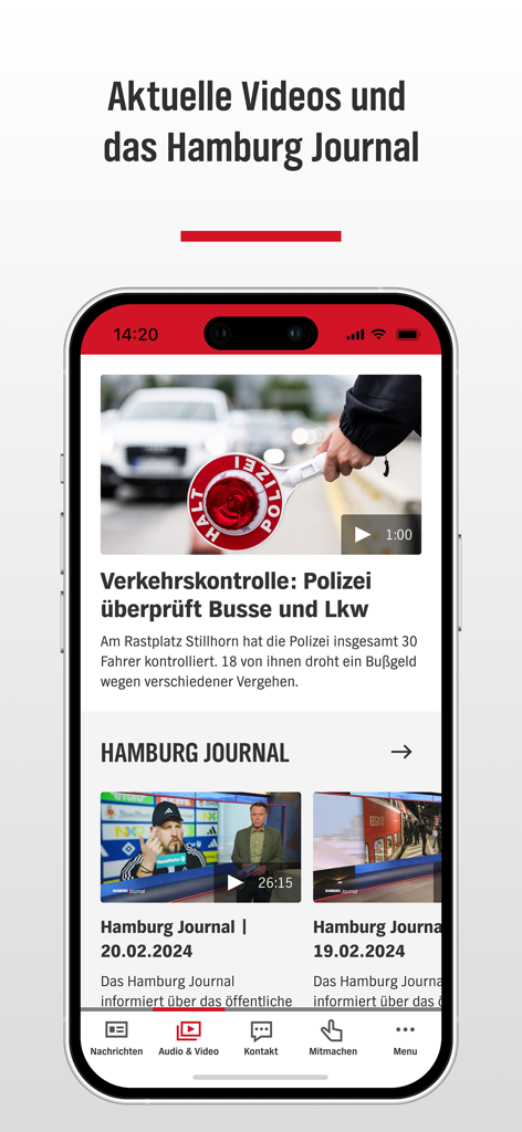 NDR Hamburg - NDR Hamburg mobile app screen featuring local news videos and Hamburg Journal episodes