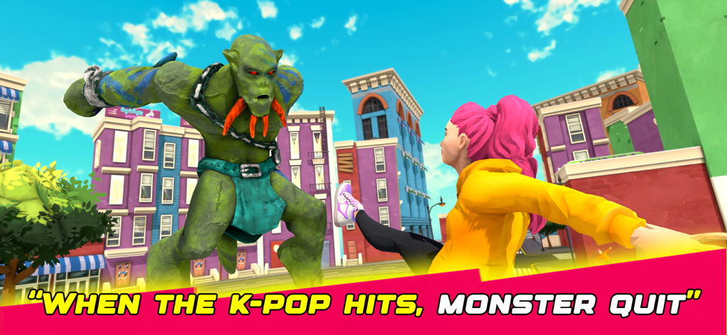 A pink haired Kpop idol character fighting a giant green monster in a 3D city environment