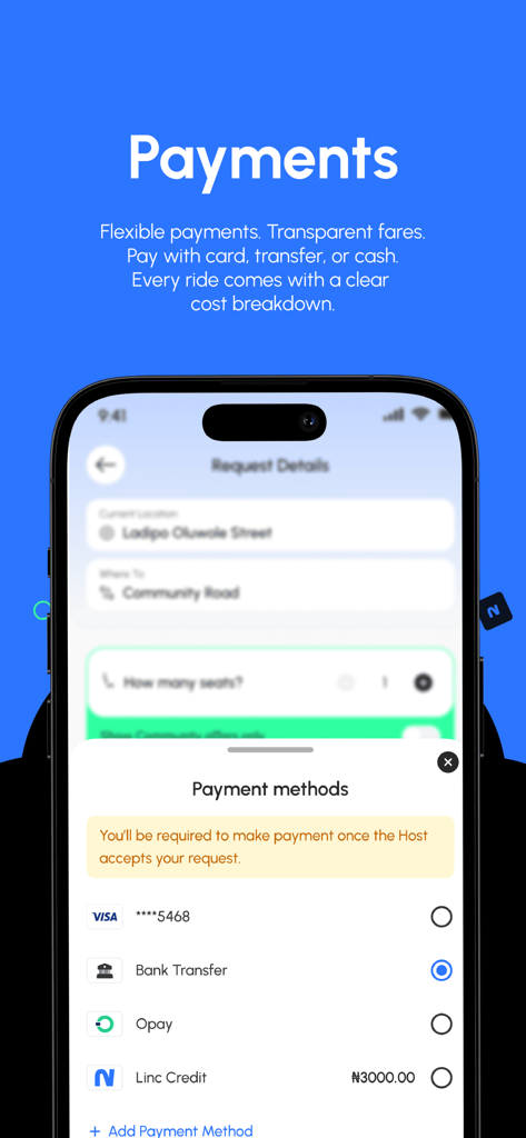 Linc Ride - Écran de smartphone montrant les méthodes de paiement pour l'application Linc Ride, y compris la carte Visa, le virement bancaire et Opay.