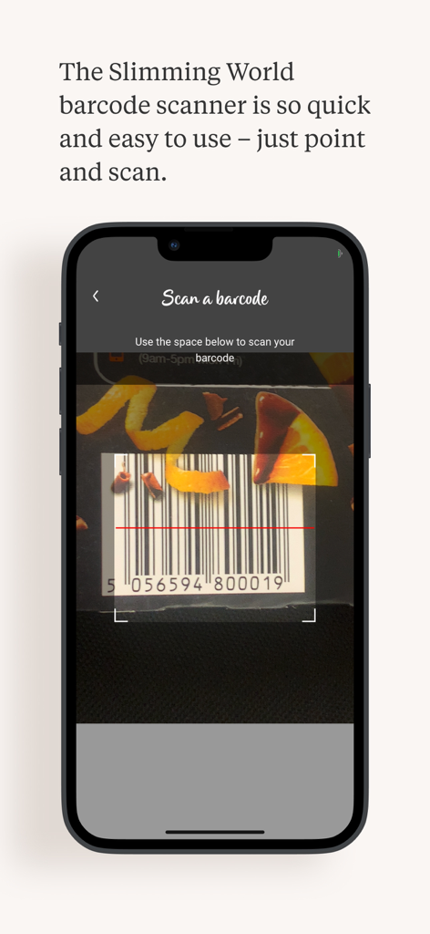 Slimming World - A smartphone screen showing the Slimming World app barcode scanner feature scanning a food product label