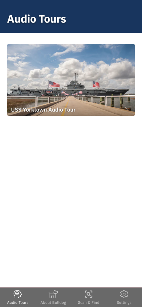 Patriots Point Experience - USS 요크타운 오디오 투어 선택 메뉴를 보여주는 애국자 포인트 체험 앱의 스크린샷