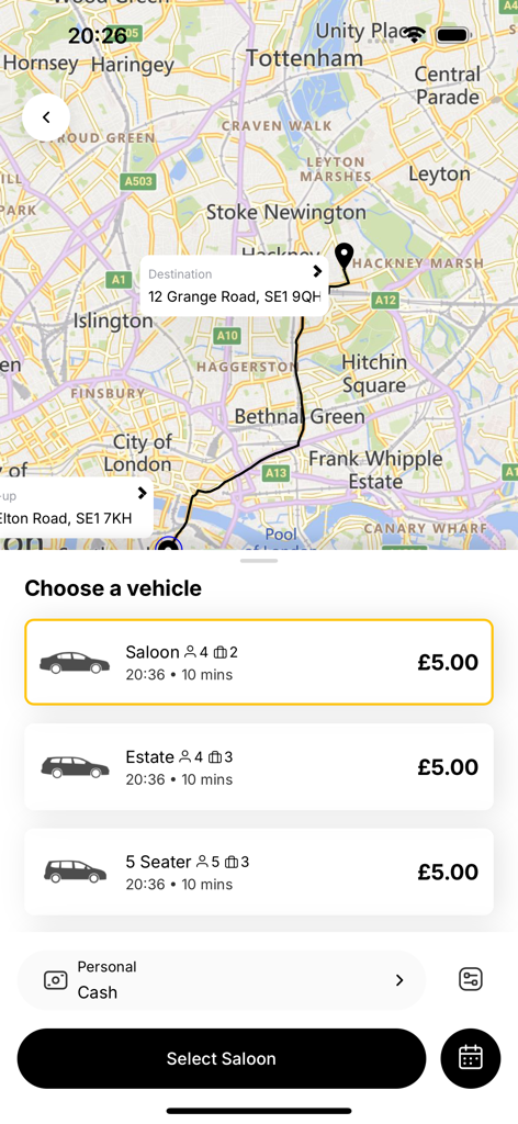 Yellow Star Taxis - Yellow Star Taxis app screen showing taxi vehicle options and fare estimates on a map route