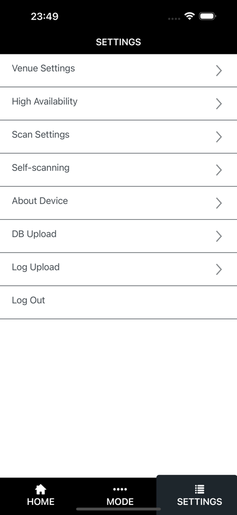 TM1 Access - Settings menu of the TM1 Access app displaying venue and scanning configuration options