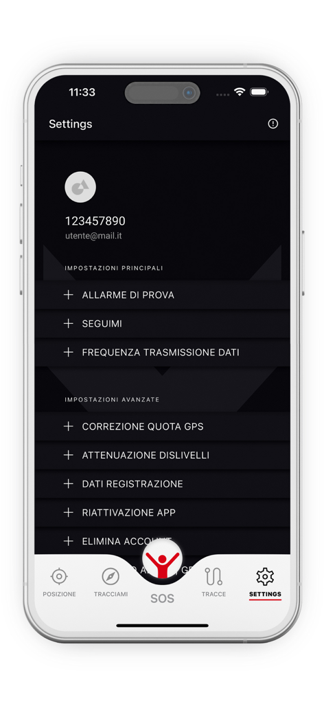 georesq - Settings screen of the GeoResQ mountain rescue app showing profile details and configuration options for GPS tracking and emergency alarms.
