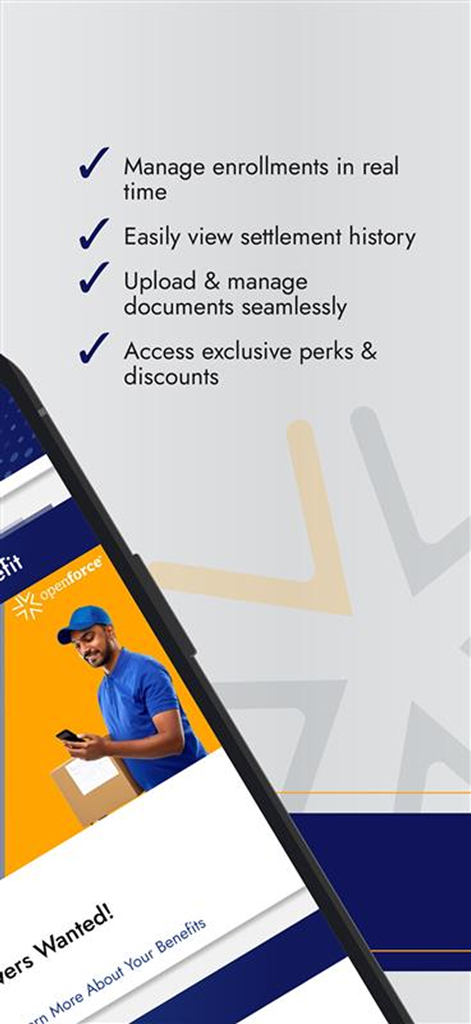 A promotional screen for the Openforce app showing features for independent contractors including settlement history and document management