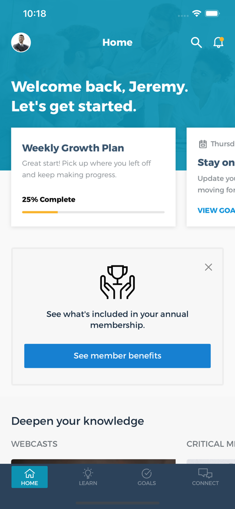 The MDRT Academy - The MDRT Academy app home screen dashboard with a weekly growth plan progress bar and professional development navigation.