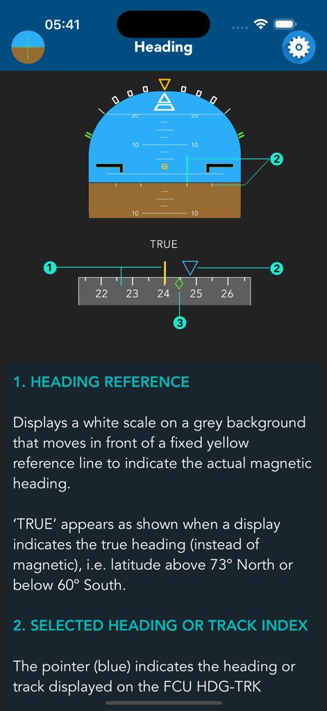 Airbus A320 PFD Trainer - Airbus A320 PFD Trainer app screen explaining heading reference and track index with diagrams