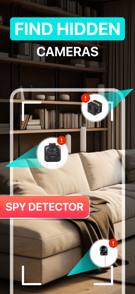 Hidden Camera Spy Detector Hid - Smartphone interface scanning a living room and detecting three hidden spy cameras with red alert icons