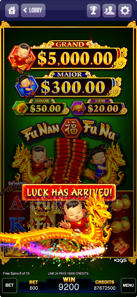 Lucky Play Casino Slots Games - Fu Nan Fu Nu slot machine game screen in Lucky Play Casino app featuring jackpots and a golden dragon.