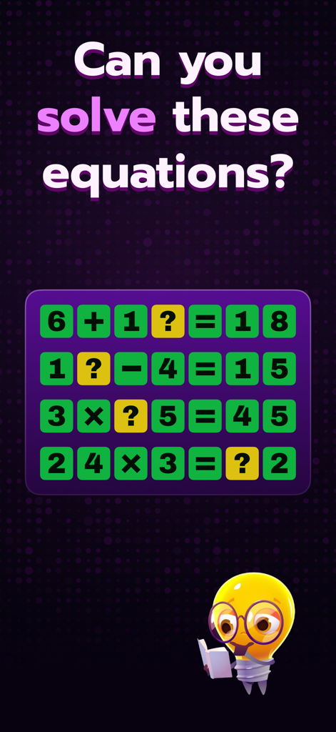 SolveMate: Math Puzzle Game - SolveMateアプリで、不足している部分がある数学方程式のグリッドと、考えている電球のマスコット