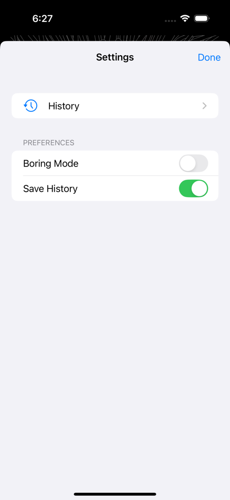 Ai Liberator - Ai Liberatorアプリの設定画面。履歴、つまらないモード、履歴の保存オプションが表示されています。