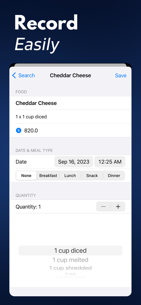 Screenshot of the Sodium Tracker plus app showing how to log a food item and its sodium content.