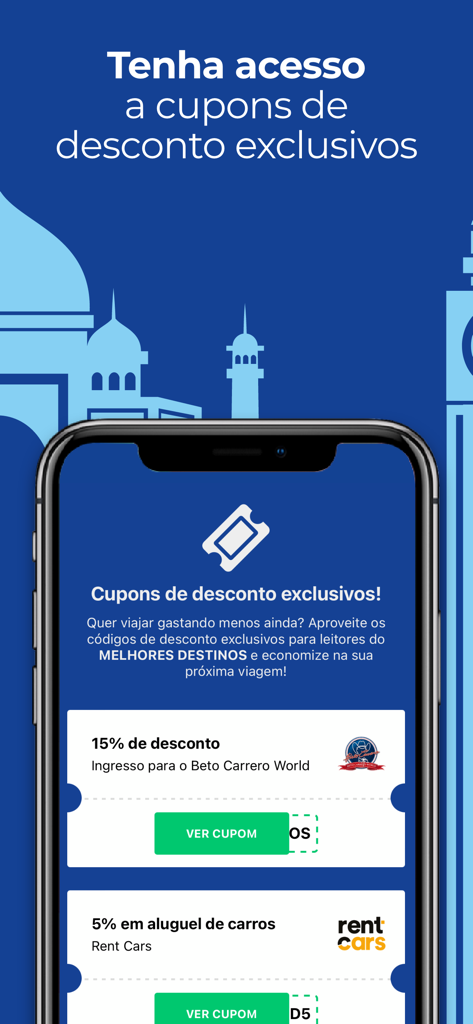 Melhores Destinos: Passagens - Smartphone screen displaying exclusive travel discount coupons in the Melhores Destinos app
