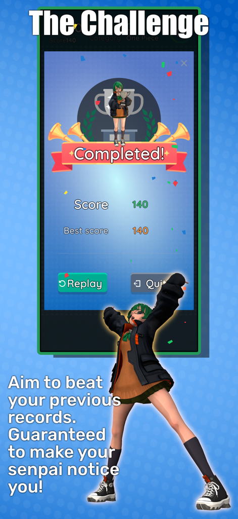 Anime Quiz Party - Anime Quiz Party game completion screen with mascot Quiz Chan and score details