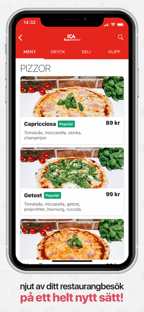 Mobile app interface of Happy Order showing a digital pizza menu with images and prices