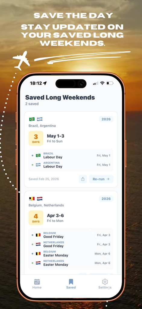 Screenshot of the Overlap app showing a list of saved long weekends and overlapping holidays for different countries