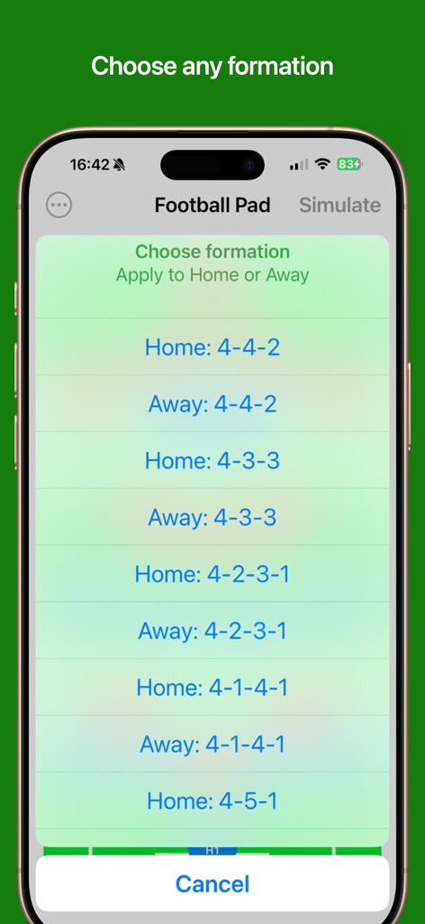 A menu in the Football Pad app displaying various tactical formations for home and away teams like 4-4-2 and 4-3-3.