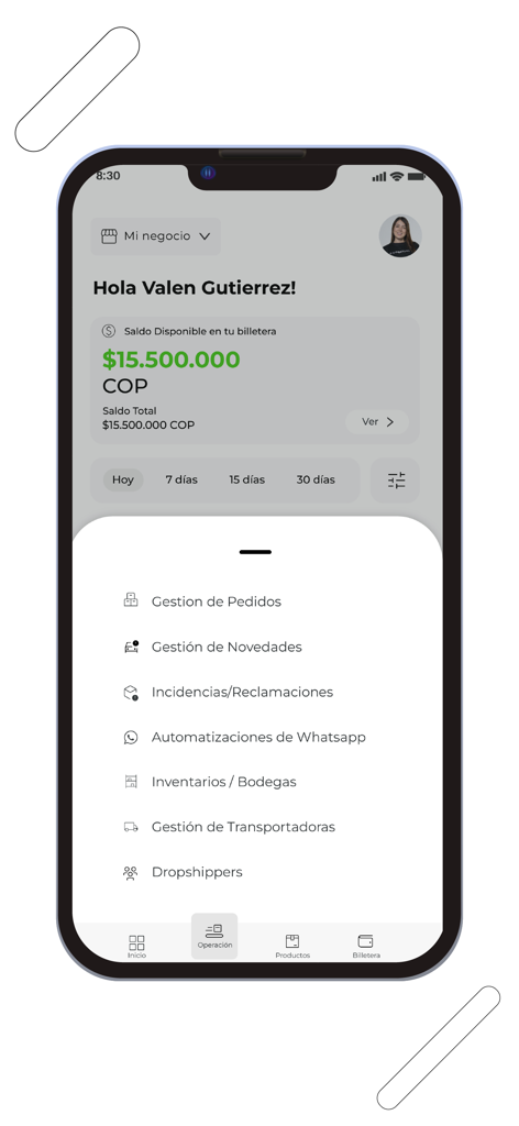 Tela de smartphone exibindo o painel do aplicativo Mastershop com saldo da carteira e um menu de operações de negócios em espanhol.