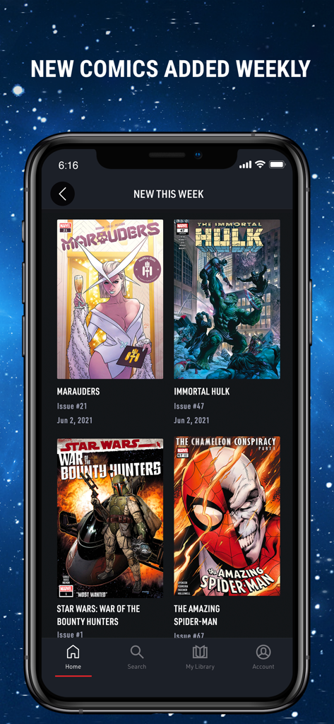 Marvel Unlimited - Smartphone zeigt den Bereich 'Neu diese Woche' der Marvel Unlimited App mit verschiedenen Comiccovern