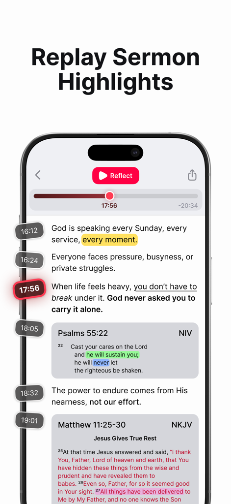 Spirit Notes - Christian Notes - A screenshot of Spirit Notes app showing the Replay Sermon Highlights feature with timestamped audio notes and Bible verse integration.