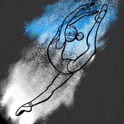 gymnast doing a leap in a leotard with a bent back leg