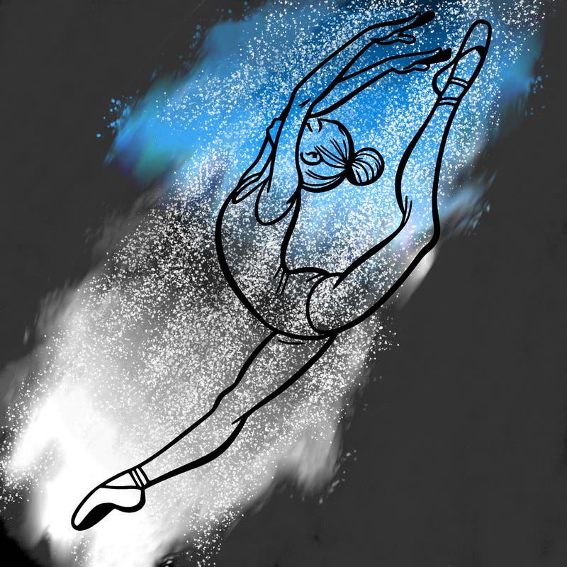 gymnast doing a leap in a leotard with a bent back leg