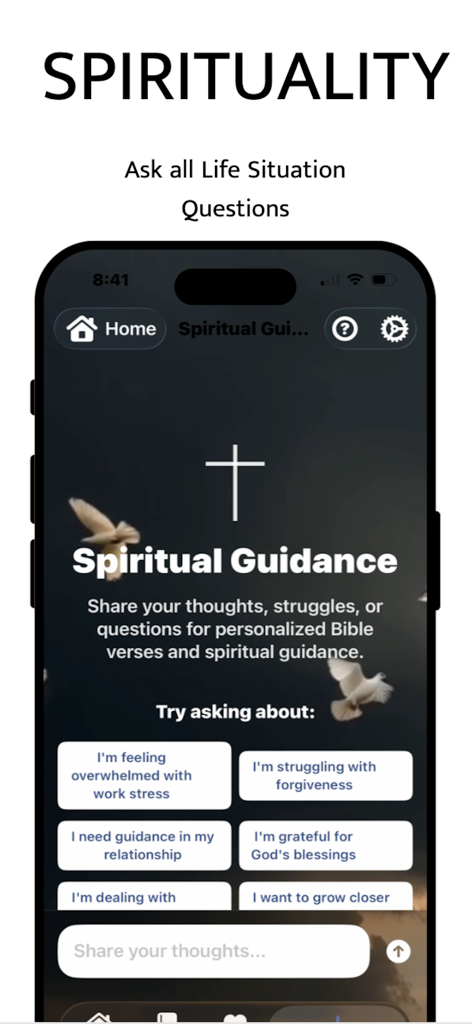 Holy Bible .. - KI-Geistlicher-Berater-Oberfläche in der Holy Bible App, die biblische Führung für verschiedene Lebenssituationen anbietet.