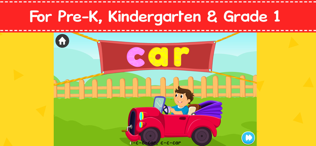 English For Kids - School App - Cartoon illustration of a boy in a red car showing the word car for children learning English