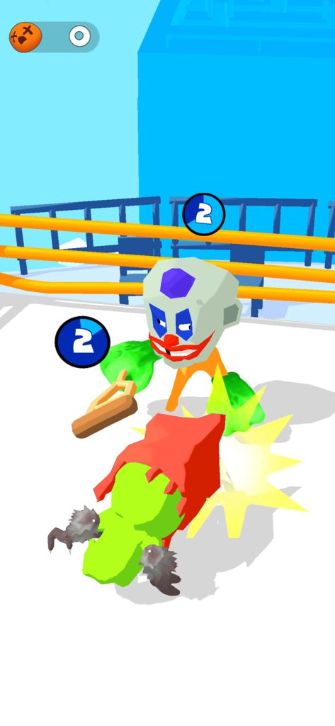 Stickman Boxing Battle 3D - ピエロのマスクをつけたスティックマンキャラクターが、3Dアリーナで相手と戦っている。
