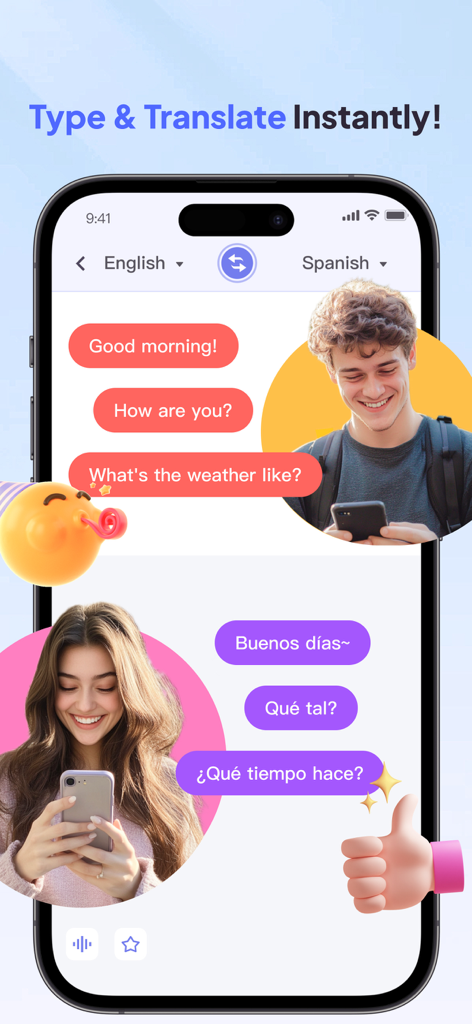 Hi Translate AI - Hi Translate AI app screen showing real-time text translation in a chat interface between English and Spanish