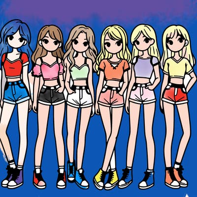 a group of girls wearing crop tops and shorts