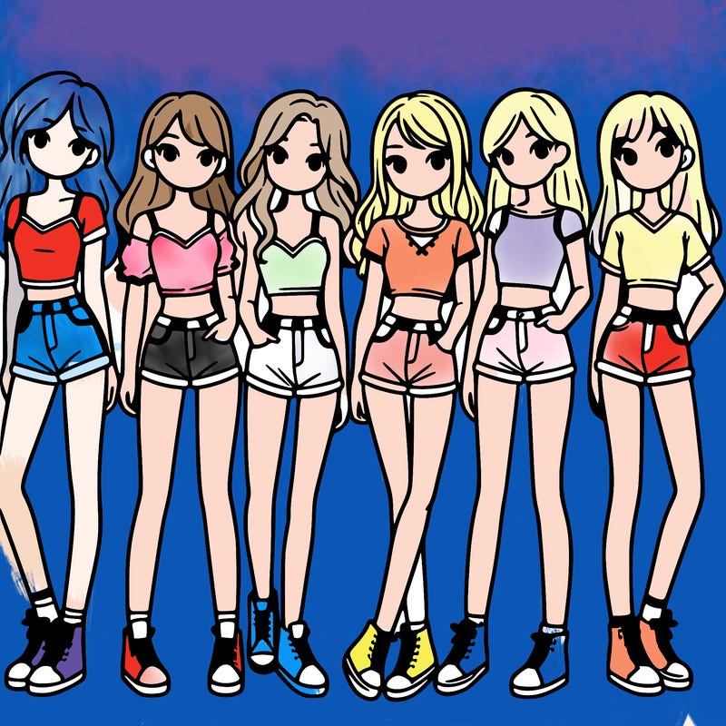 a group of girls wearing crop tops and shorts