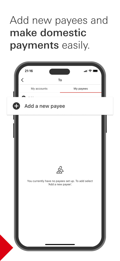 HSBC CI & IoM - HSBC CI and IoM mobile app screen showing the option to add a new payee and make domestic payments
