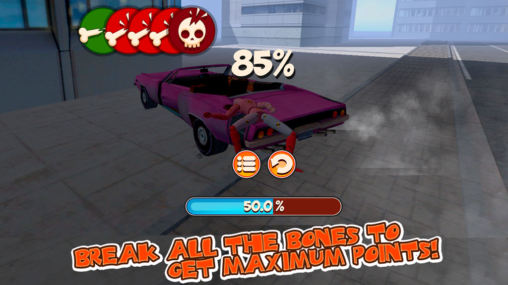 Turbo Crash Test Simulator 3D - Crash test dummy on a wrecked pink car with broken bone icons in a simulator game
