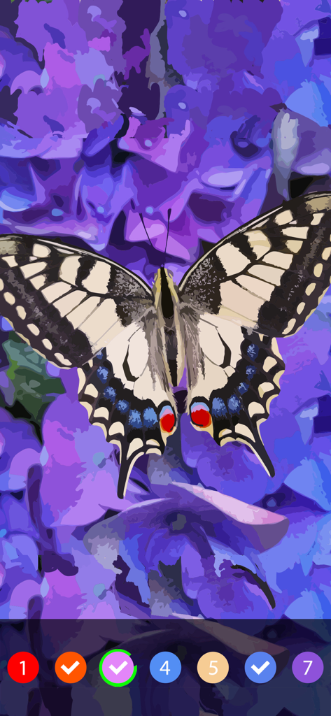 A realistic oil painting style butterfly being colored using a color by number interface